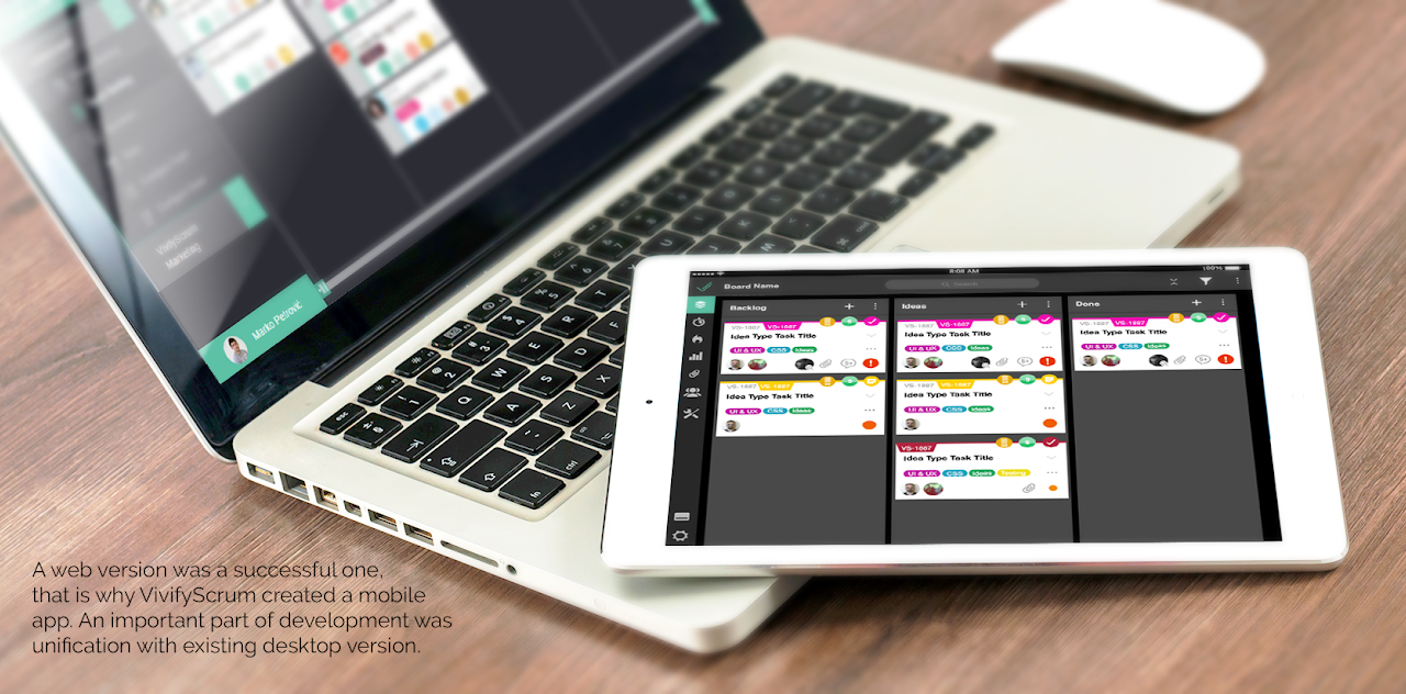 Image showing a tabletop, Macbook and iPad on it, showcasing UI of the app