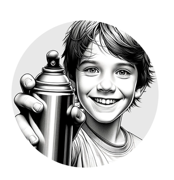 young boy holding a spray can toward the camera