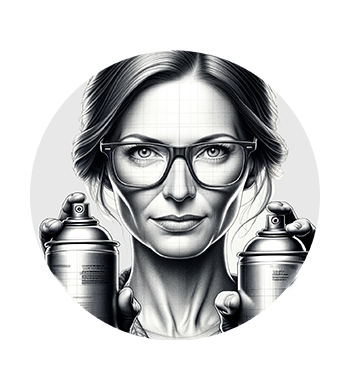 portrait illustration of a Woman in her 40s, holding two cans of spray paint in her hands