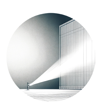 illustration showing extremly tiny person, projecting beam on the enormous wall