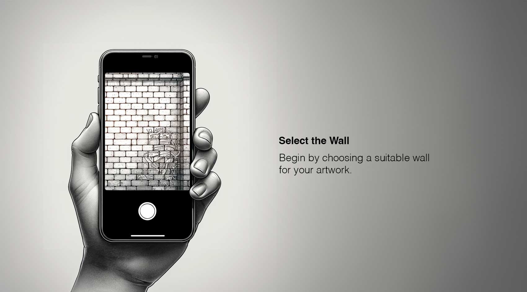 Illustration showing hand holding iPhone, taking a photo of a wall. Text on it saying: Select The Wall