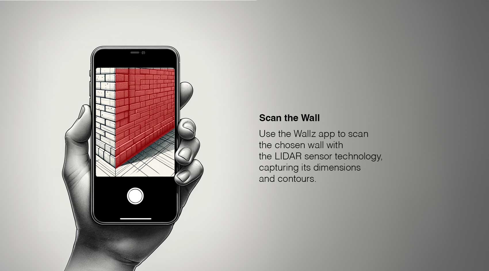Illustration showing iPhone screen where region could be seen, Text on the right: Scan the wall