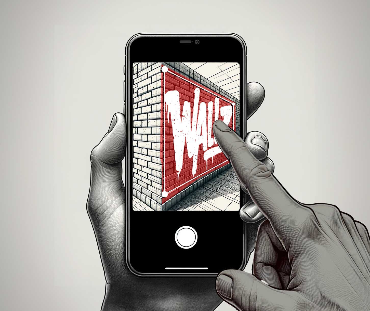 Illustration showing two hands working on iPhone, screen is showing Wallz logo peing manipulated with a finger of a hand. Text on the right: Fix the image in AR