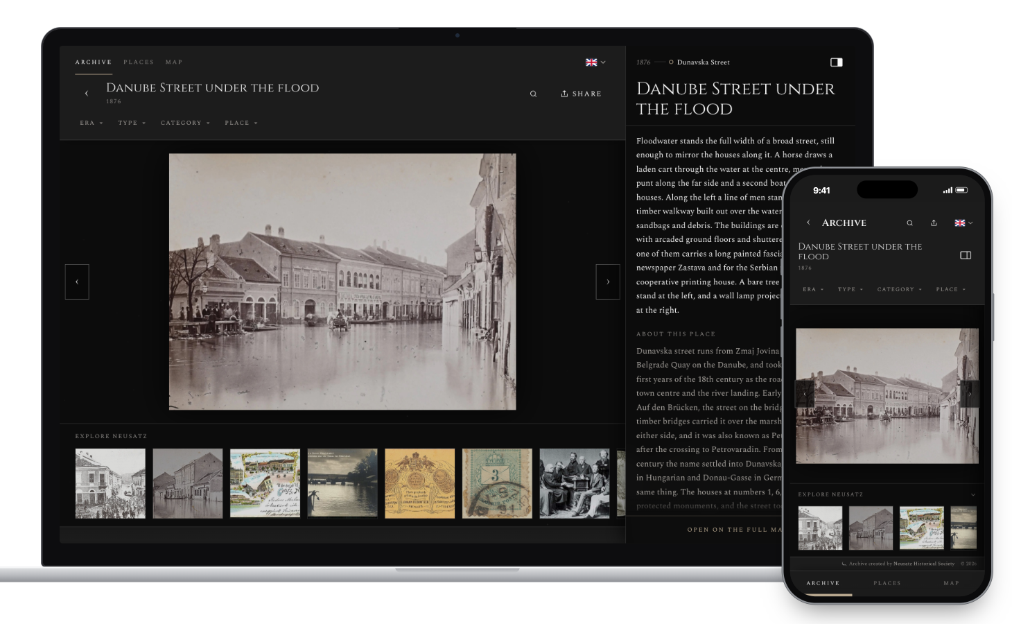 A record page of the Neusatz Archive on a laptop and on a phone: a photograph of Danube Street under floodwater in 1876, with its description, and the tab bar along the bottom of the phone