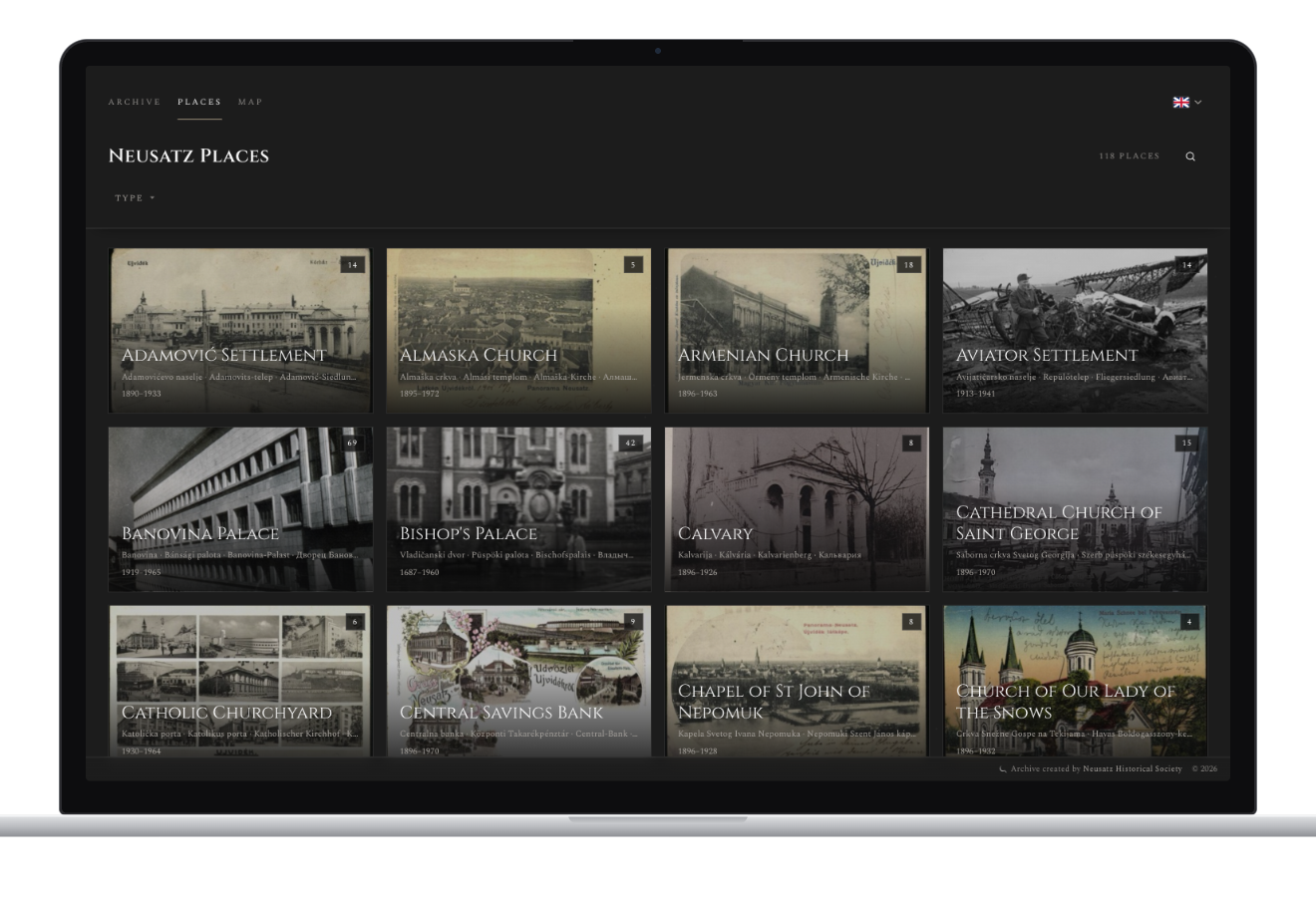 The Neusatz Places index on a laptop: a grid of place cards such as Banovina Palace and the Bishop's Palace, each with its names, years and number of pictures