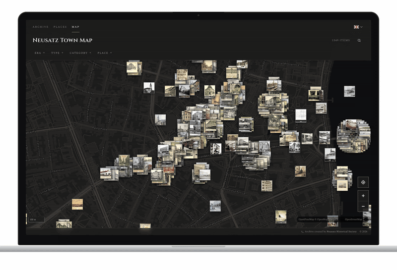 The town map on a laptop: the view zooms toward the centre of Novi Sad, a postcard is selected and its record slides in beside the map with its picture, date, place, source, licence and tags