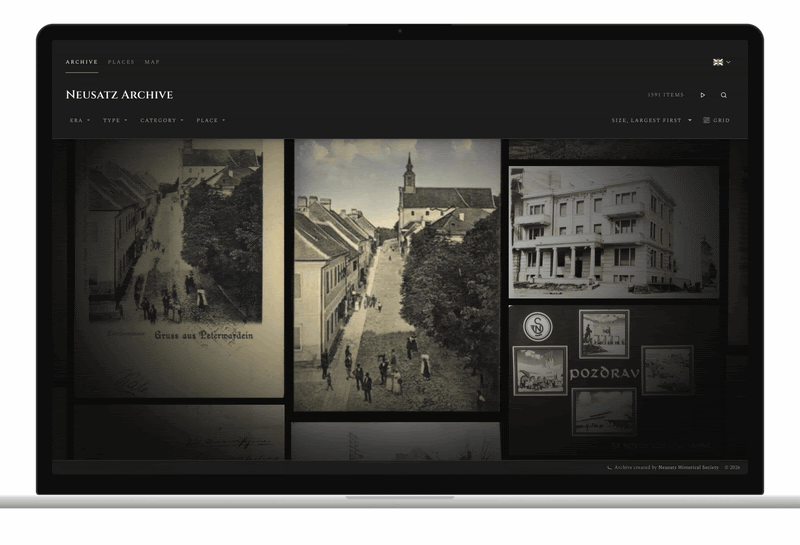 The archive on a laptop: the Category filter opens on fifteen categories with their counts, transport is ticked and the wall narrows from 1,591 pictures to 402
