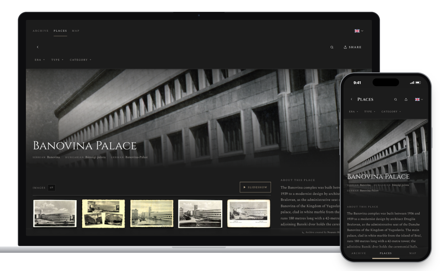 The Banovina Palace place page on a laptop and on a phone, the phone with a tab bar along the bottom
