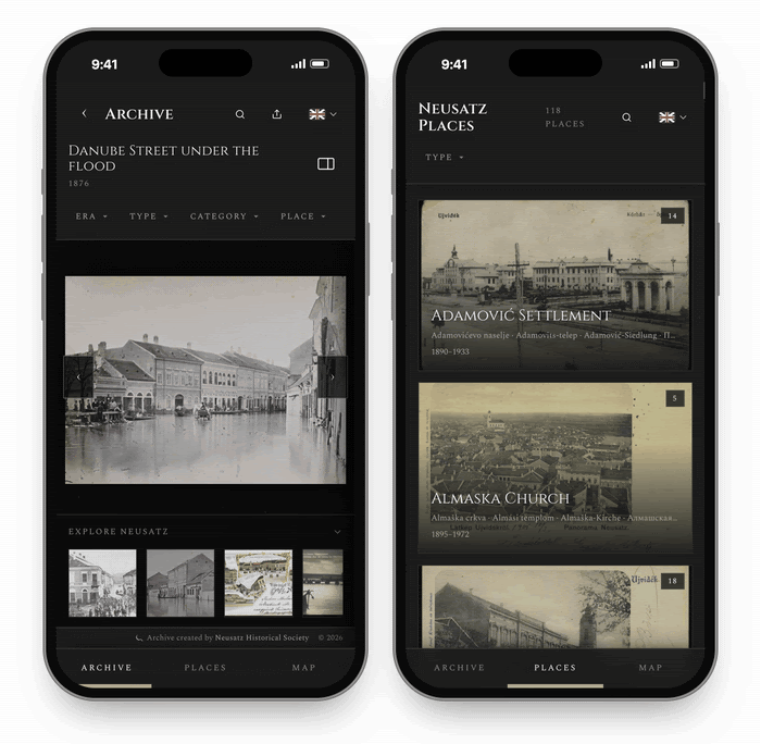 Two phones, each with the tab bar along the bottom: on one, the details of a record of a flooded street slide over the photograph and scroll; on the other, the list of places scrolls past Adamović Settlement, the Almaška Church and the Banovina Palace