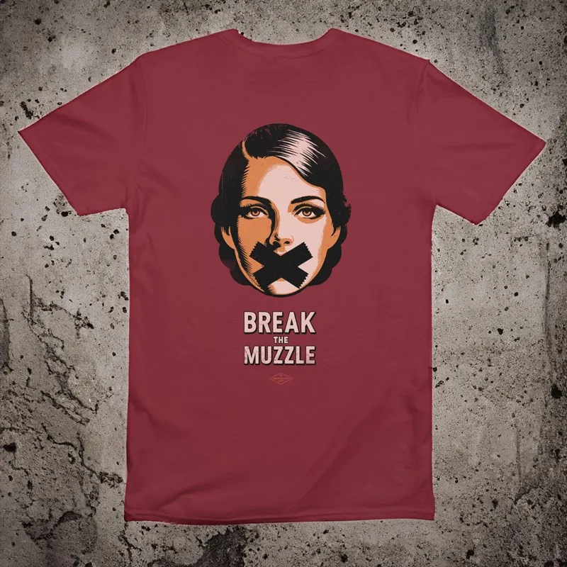 The Break the Muzzle T-shirt: a woman with her mouth taped shut, on a red shirt
