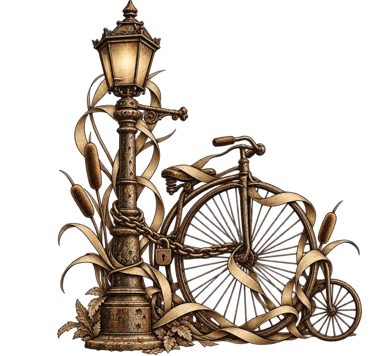 Illustration: a gas lamp and a penny-farthing