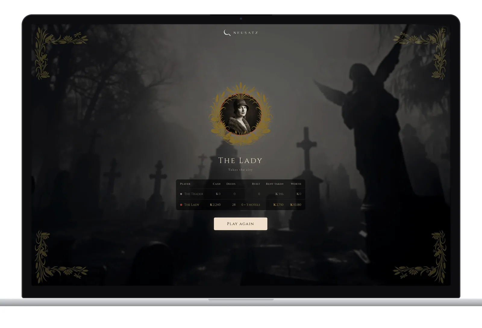 The end screen on a laptop: The Lady's portrait in a fog-bound cemetery