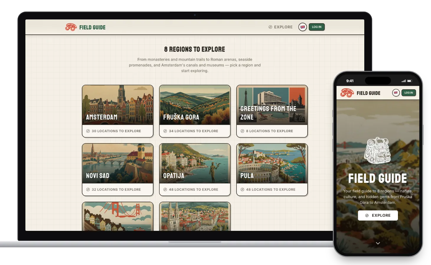 Field Guide on a laptop and a phone: the laptop shows the eight regions as illustrated poster cards with the number of places in each, and the phone shows the landing screen with the backpack emblem and the Explore button